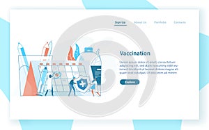 Web page template with tiny doctors or physicians, giant syringe with vaccine and calendar or timetable. Vaccination