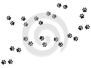 Paw vector trail print of cat isolated on white background. Dog or puppy silhouette animal tracks. Paw Print.