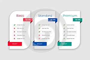 Web pricing comparison boxes table template