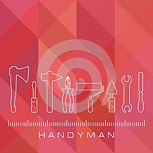 Professional handyman services. Vector banner template with tools and text space on polygonal Viva Magenta background.