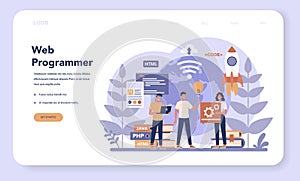Web programming web banner or landing page. Coding, testing