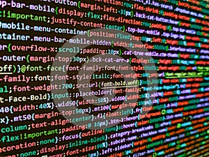Web programming and bracket technology background. Css3 code on a colorful background. Programming code abstract screen of
