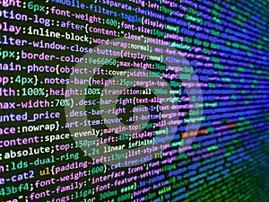 Web programming and bracket technology background. Program code PHP HTML CSS of site. Coding application by programmer developer.