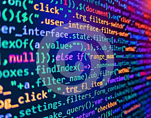 Web programming and bracket technology background. Program code PHP HTML CSS of site. Creative Js HTML5 closeup set on background
