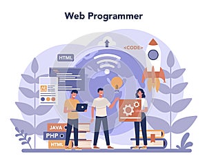 Web programming concept. Coding, testing and writing program