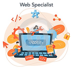 Web programming concept. Coding, testing and writing program