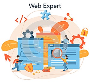 Web programming concept. Coding, testing and writing program