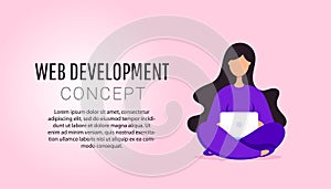 Modern creative vector illustration of young programmer coding a new project using computer