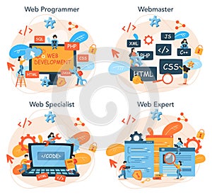Web programming concept set. Coding, testing and writing program