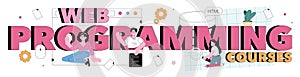 Web programming course typographic header. Coding, testing
