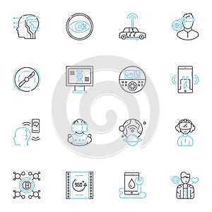 Web programming linear icons set. HTML, CSS, JavaScript, jQuery, Bootstrap, Angular, React line vector and concept signs photo