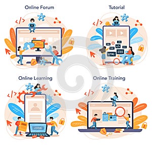 Web programming online service or platform set. Coding, testing