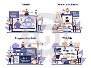 Web programming online service or platform set. Coding, testing