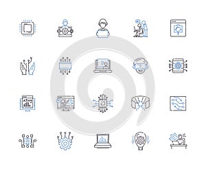 Web programming outline icons collection. Web, programming, HTML, CSS, JavaScript, AJAX, XML vector and illustration