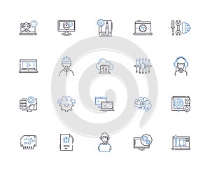 Web programming outline icons collection. Web, programming, HTML, CSS, JavaScript, AJAX, XML vector and illustration