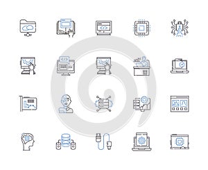 Web programming outline icons collection. Web, programming, HTML, CSS, JavaScript, AJAX, XML vector and illustration