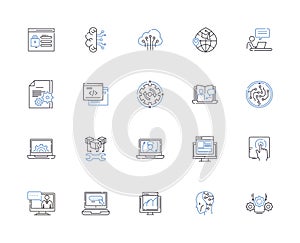 Web programming outline icons collection. Web, programming, HTML, CSS, JavaScript, AJAX, XML vector and illustration