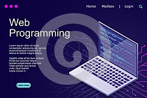 Web programming vector isometric illustrations. web programming concept programming language program code big data processing on