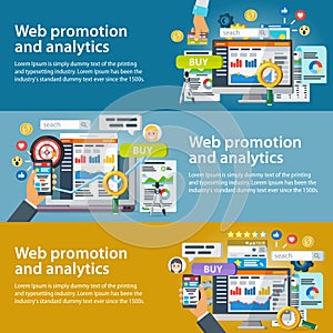 Web promotion and analytics of information. Set of banners in a flat style. Internet commerce, social networks, marketing and rese