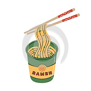 Ramen noodle instant cup with chopsticks. Traditional asian fast food