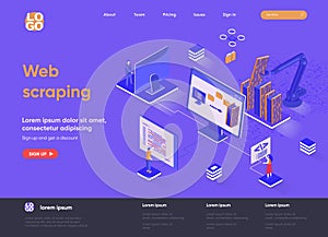 Web scraping isometric landing page. Process of automatic collecting and parsing raw data from web isometry concept. Data