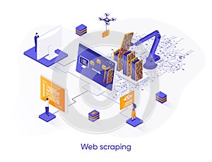 Web scraping isometric web banner. Data extraction software isometry concept. Process of automatic collecting and parsing raw data