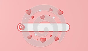 Web search bar with hearts 3d render - illustration of white website form for research of information