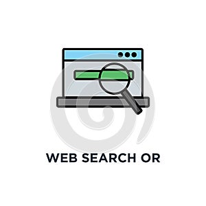 web search or research via computer icon. laptop, computer with open browser window and magnifying glass, web search concept