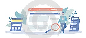 Web Search Technology. Browsing online information, surfing internet. Web analysis and SEO concept. Vector illustration