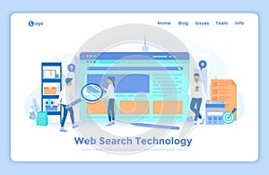 Web search technology, Search engine, SEO, Data finding. People hold a magnifying glass,looking information on the search page.
