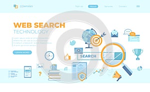 Web search technology, Search engine, SEO, Data finding. Search bar with result elements. Can use for web banner, landing page, we
