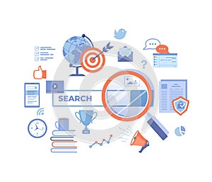 Web search technology, Search engine, SEO, Data finding. Search bar with result elements. Web banner, infographics. Vector