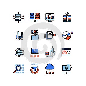 Web security cloud computing technology big data analysis line icons with flat elements