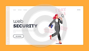 Web Security Landing Page Template. Forceful Promoter Female Character with Megaphone Making Claims Of Perks or Presents