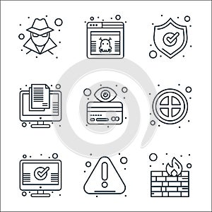 web security line icons. linear set. quality vector line set such as firewalls, alert, check mark, banned, cit card, document,