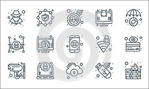 Web security line icons. linear set. quality vector line set such as firewalls, cloud storage, cctv camera, secure usb, encryption