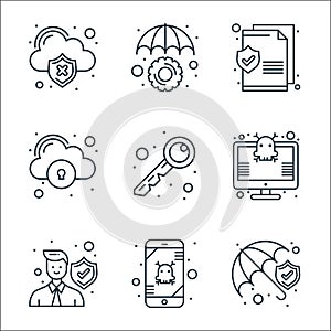 web security line icons. linear set. quality vector line set such as insurance, error, protection, virus, key, cloud storage,