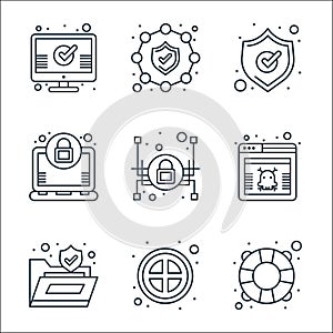 Web security line icons. linear set. quality vector line set such as lifeguard, banned, files, virus, padlock, encryption,