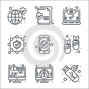 Web security line icons. linear set. quality vector line set such as secure usb, virus warning, data encryption, attack, check,