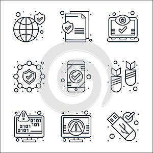 Web security line icons. linear set. quality vector line set such as secure usb, virus warning, data encryption, attack, check,