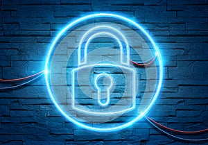 Web security neon icon illuminating a brick wall with blue and pink glowing light 3D rendering