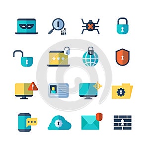 Web security, virus protection, bug checkups vector flat icons
