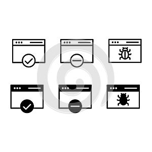 Web and seo icon set include web, seo, accept, add, bug, browser, virus