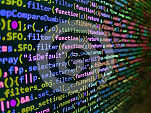 Web server data on a monitor. Application web source code on monitor. Developer working on websites codes in office. Coding css on