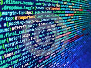 Web server data on a monitor. Coding programmer abstract background. Php code on blue background in code editor. IT coding on