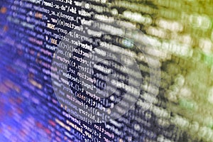 Web server data on a monitor. Modern technologies, web cascading design. Matrix byte of binary data rian code running abstract