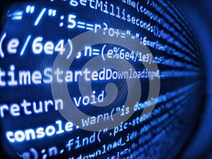Web server data on a monitor. Website programming code. Web developer programmer monitor screen display. Javascript functions,
