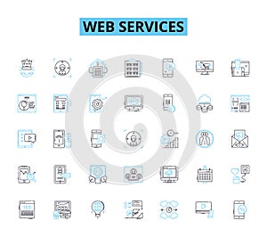 Web services linear icons set. Integration, Security, API, Scalability, Microservices, Cloud, XML line vector and