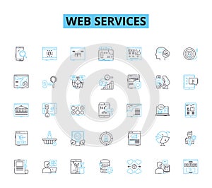 Web services linear icons set. Integration, Security, API, Scalability, Microservices, Cloud, XML line vector and