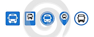 Set of blue bus stations vector icons. Public or urban bus stop.
